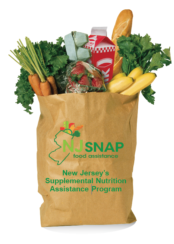 grocery bag filled with food and NJ SNAP Food Assistance logo